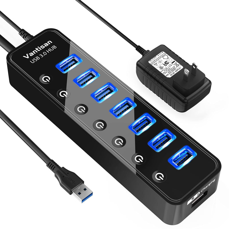 USB Hub 3.0 Powered, 7 Ports USB Data Hub Splitter with One Smart Charging Port and 5V/4A Powered Adapter and ON/Off Switches for MacBook, Mac Pro/Mini, iMac, Surface Pro Laptop/PC black