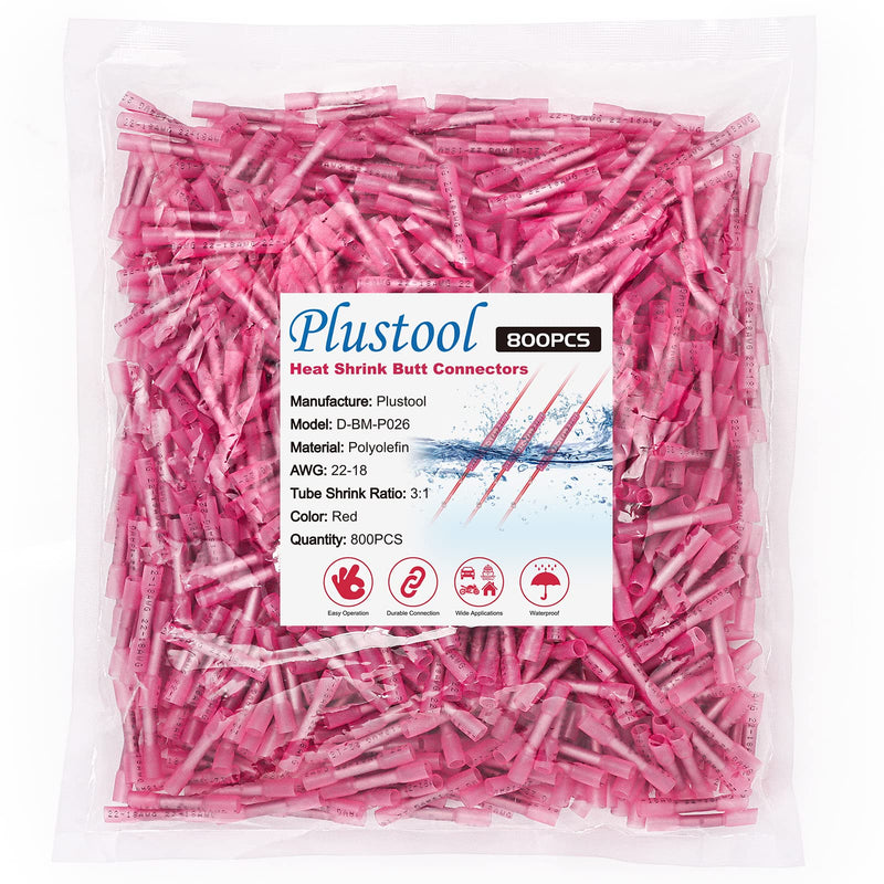 800PCS Red Heat Shrink Butt Connectors AWG 22-18, Plustool Marine Grade Electrical Wire Connectors, Tinned Red Copper 0.7mm, Insulated Waterproof Crimp Terminals Butt Splice for Cable,Boat,Wiring Red 800PCS