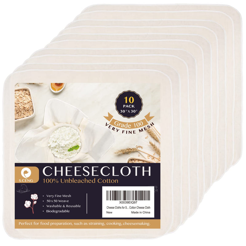 Cheese Cloths for Straining, Grade 100, 30 x 30inch 10 Pack, Hemmed Cheesecloth for Cooking, 100% Combed Unbleached Cotton Cheese Cloth 30x30'' 10 Pack