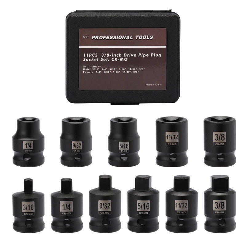  [AUSTRALIA] - Mayouko 11PCS 3/8" Drive SAE Pipe Plug Socket Set, Tapered Male Square Drive, Chamfered Female Square Drive, CR-MO