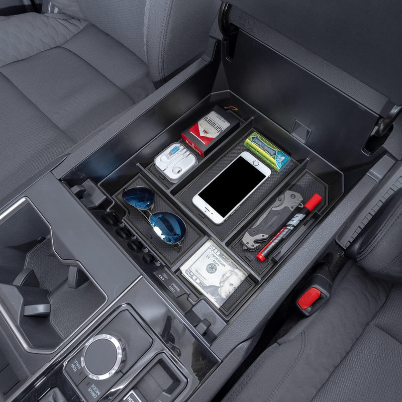 JDMCAR Center Console Organizer Compatible with 2022 2023 2024 2025 Toyota Tundra Accessories and 2023-2025 toyota sequoia Armrest Secondary Storage Box ABS Material with Non-Slip Mats (Black Trim) black