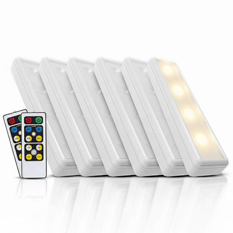 Brilliant Evolution Wireless LED Under Counter Lights with 2 Remote Controls - 6-Pack Battery Operated Under Cabinet Lighting Fixtures - Stick On Push Lights with Timer - Warm White, 8.5x2x1-Inch Remote Control 6 pack