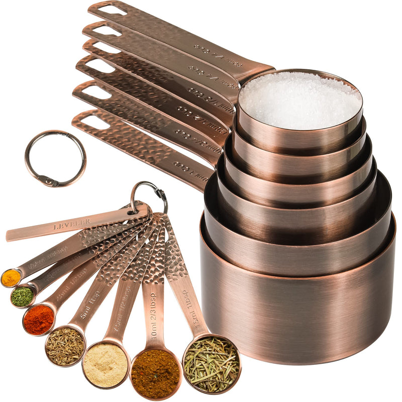 Copper Measuring Cups and Spoons - 6 Plated Cups, 7 Metal Spoons, 1 Leveler - Dry Measure Set A02: copper-Set of 16pcs