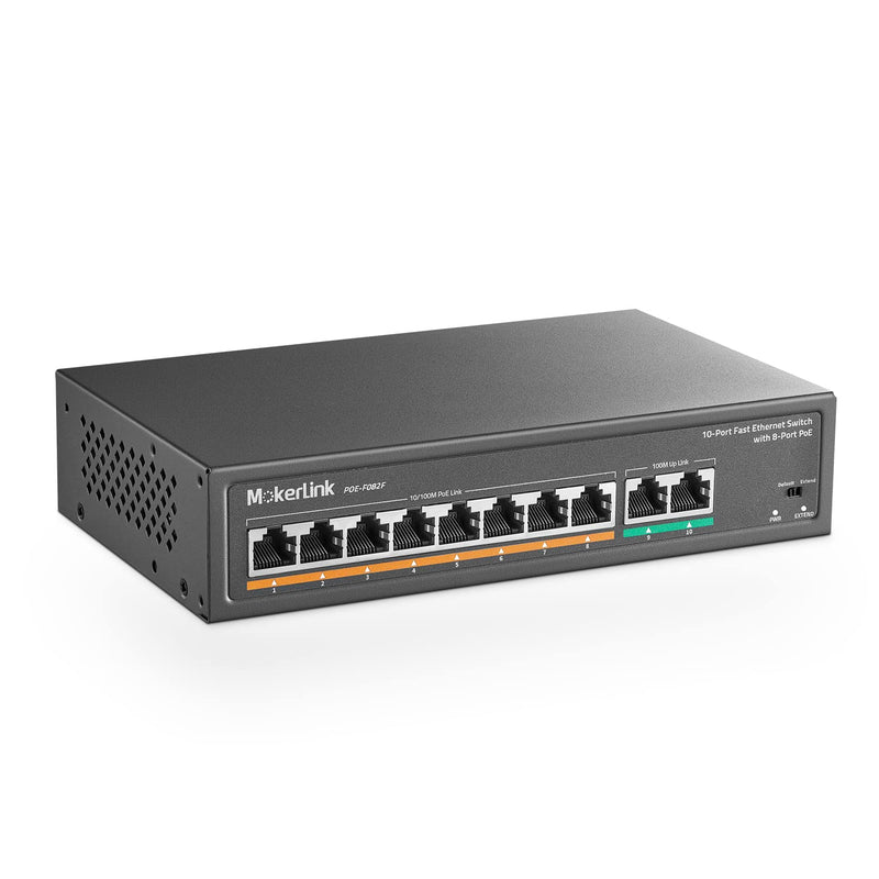 MokerLink 10 Port PoE Switch with 8 Port PoE+, 2 Fast Ethernet UpLink, 100Mbps, 120W 802.3af/at PoE, Fanless Plug & Play 8 PoE + 2 FE