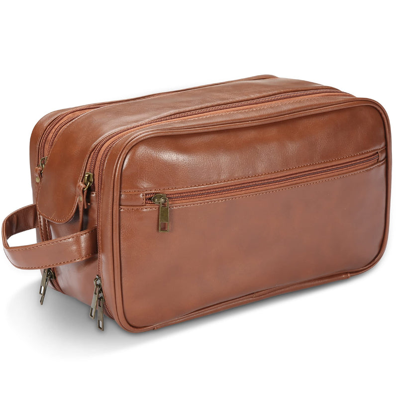 Personalized Leather Travel Toiletry Bag for Men, Large Travel Bathroom Shaving Dopp Kit, Large Cosmetic Bag Waterproof Brown