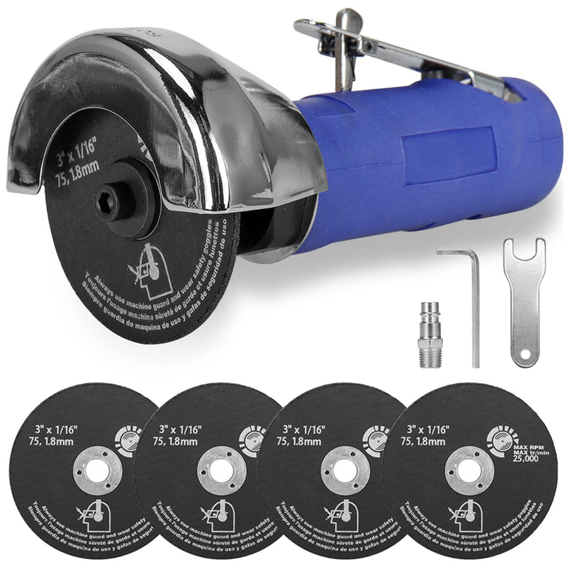 3 Inch Air Cut Off Tool, Equipped with 5-Pieces 3" Cutting Disc Set, Pneumatic Metal Sheet Cutting Tool,2000RPM Blue Machine Set