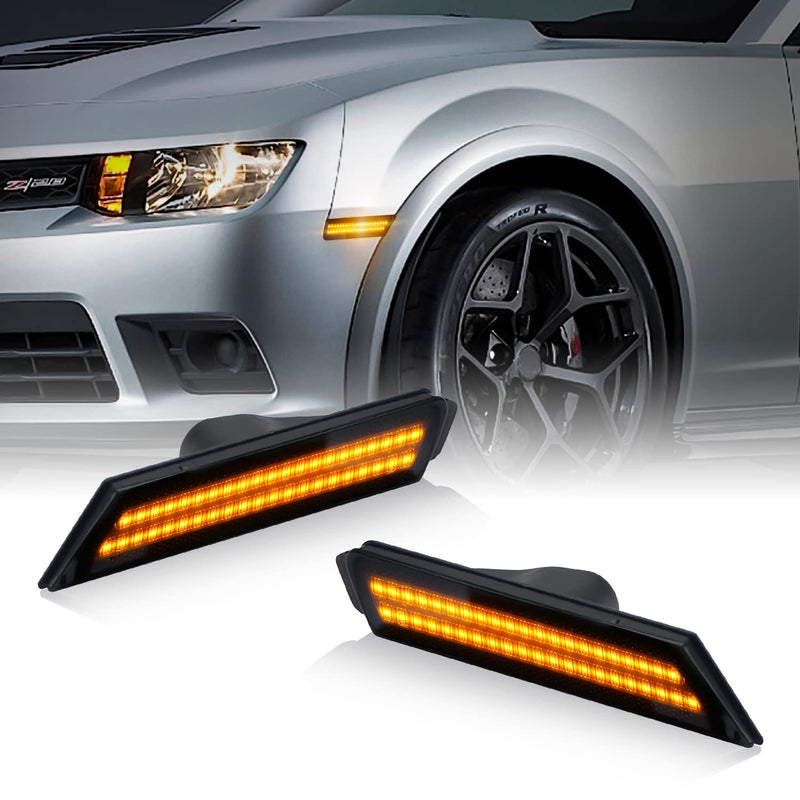 D-Lumina Chevy Camaro Side Marker Lights Smoked Lens for Camaro 2010 2011 2012 2013 2014 2015, Amber Front Bumper Marker Light Tinted Side Reflector, OEM Replacement Plug N Play, Pack of 2