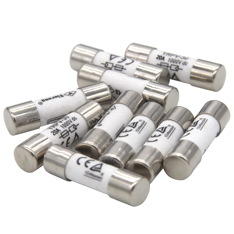 ZOOKOTO 10 Pcs 10x38mm 1000V DC Solar PV Photovoltaic Fuse 20A in line Fuse 20A UL:1000V DC In20A/40.3kA