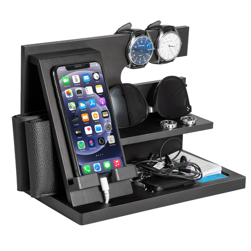 Wood Phone Docking Station - Gifts for Men Desk or Nightstand Organizer - Birthday Gifts for Husband, Fathers Day for Dad - Anniversary Idea from Wife - Key Holder, Stand Wallet, Watch & Essentials lassic stand - Black