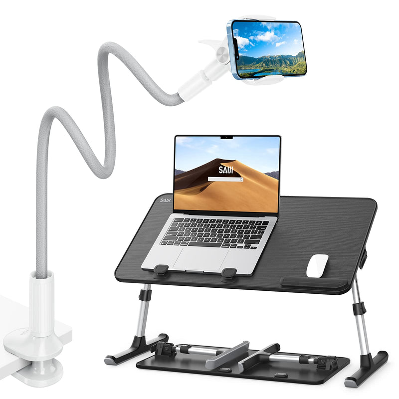 SAIJI Gooseneck Phone Holder for Bed Overall Length 38.6” Flexible Leather Wrapped Arm + Laptop Desk for Bed