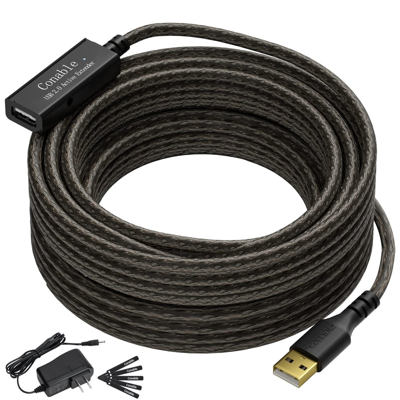 Active USB Extension Cable 50 Feet, USB 2.0 A Male to Female Cord (from 2ft to 150ft for Selection), with an Extension Chipset Signal Booster, 22AWG Tinned Pure Copper, (AC Power Supply Included) Active 50FT