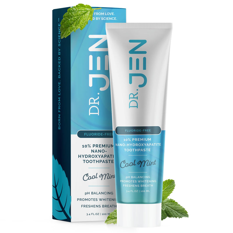 Dr. Jen Fluoride Free Toothpaste with 10% Premium Nano Hydroxyapatite, Xylitol & Glycerin, Remineralizing Daily Oral Care for Sensitive Teeth, Travel Essentials, Cool Mint, 1 Pack 3.4 Ounce (Pack of 1)