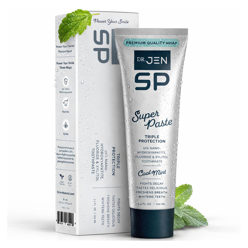 Dr. Jen Super Paste Toothpaste with 10% Premium Nano Hydroxyapatite, Fluoride, Xylitol & Glycerin for Daily Oral Care, Designed for Sensitive Teeth, Vegan, Travel Essentials, Cool Mint Flavor, 1 Pack 3.4 Ounce (Pack of 1)