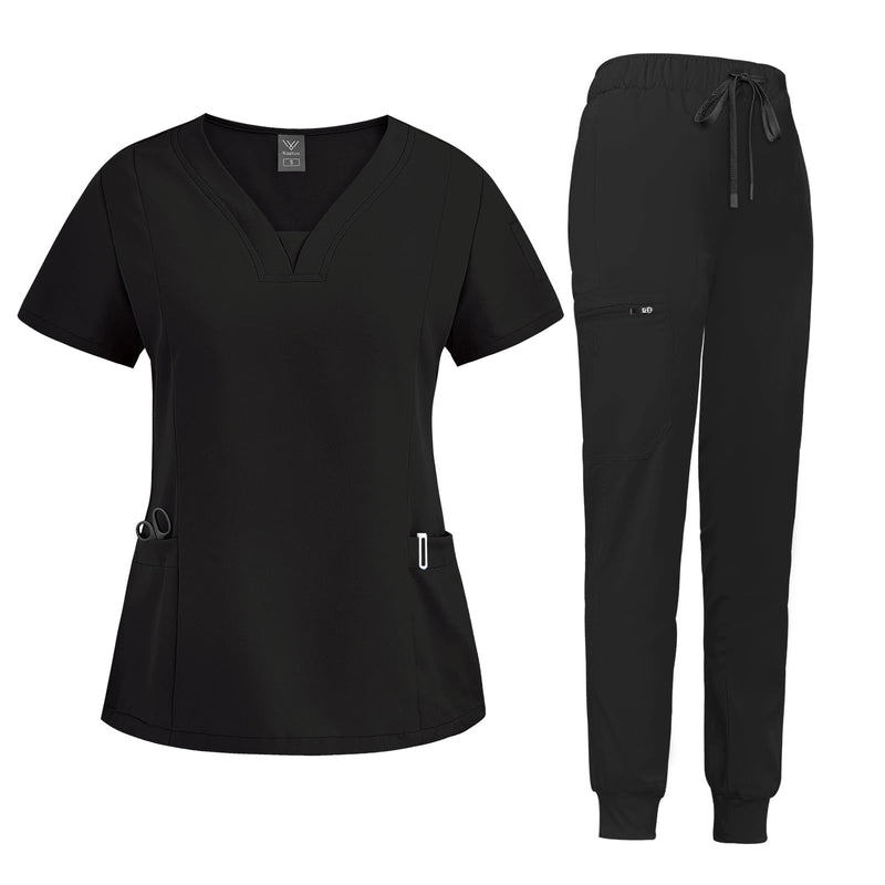 niaahinn Scrub Suit Set for Women Modern V-neck Top & Tapered Leg Jogger Pants with Drawstring Medical Nursing Uniforms Set Medium Black