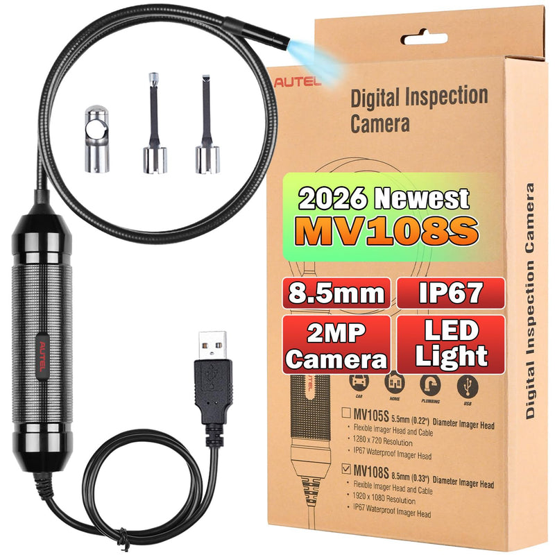 Autel MaxiVideo MV108S Digital Inspection Camera, 2026 8.5mm 1080P HD Semi-Rigid Snake Camera, IP67 Waterproof USB Borescope Industrial Endoscope w/LED Light, Upgrade of MV108 MV105S MV105