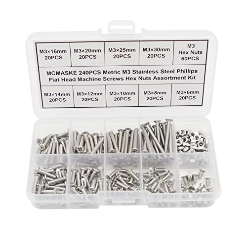 240PCS M3 Stainless Steel Phillips Flat Head Machine Screws Hex Nuts Assortment Kit
