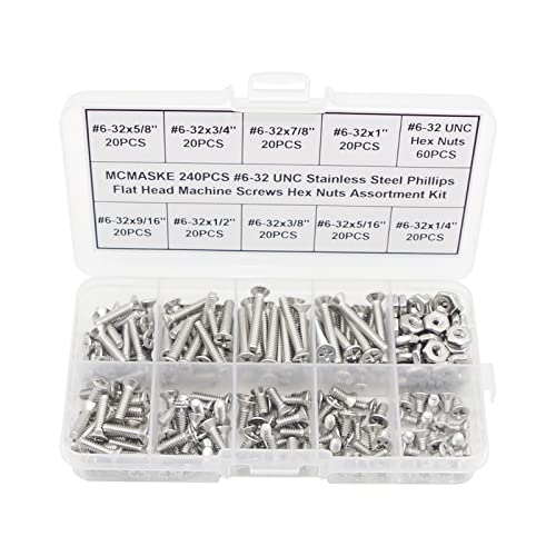 240PCS #6-32 UNC 304 SS Phillips Flat Head Machine Screws Nuts Kit #6-32UNC