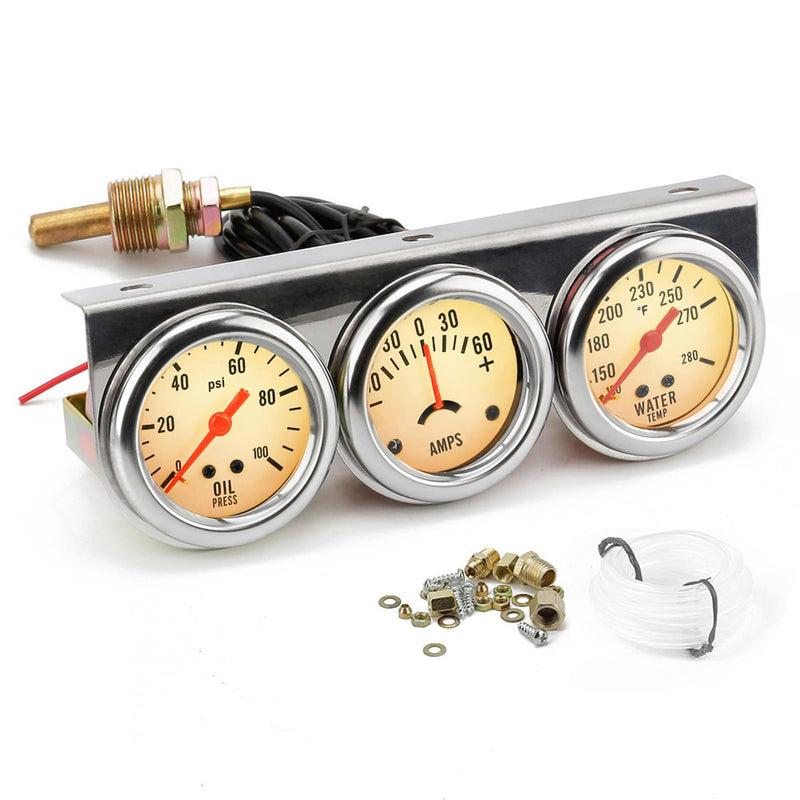 2'' 52mm Universal Chorme 12V DC Car Triple Gauge Kit Psi Oil Pressure Gauge Fahrenheit Water Temperature Temp Gauge Ammeter Gauge Set White Face Car Meter