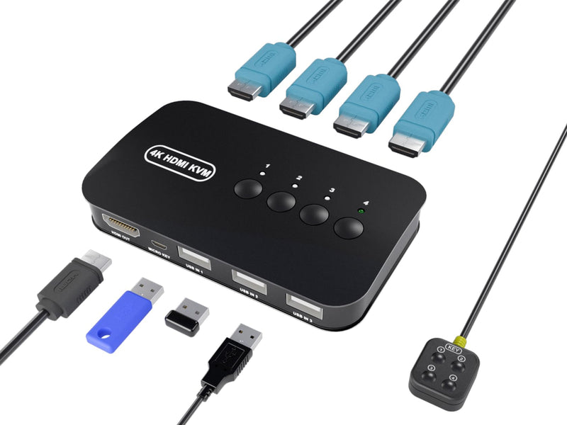 HDMI KVM Switch 4 Port -USB KVM for 4 Computers Share Keyboard Mouse Printer,Flash Drive,HD Monitor, Support 4K@30Hz, 4 HDMI KVM Cables 1 Desktop Controller Included HDMI 4p