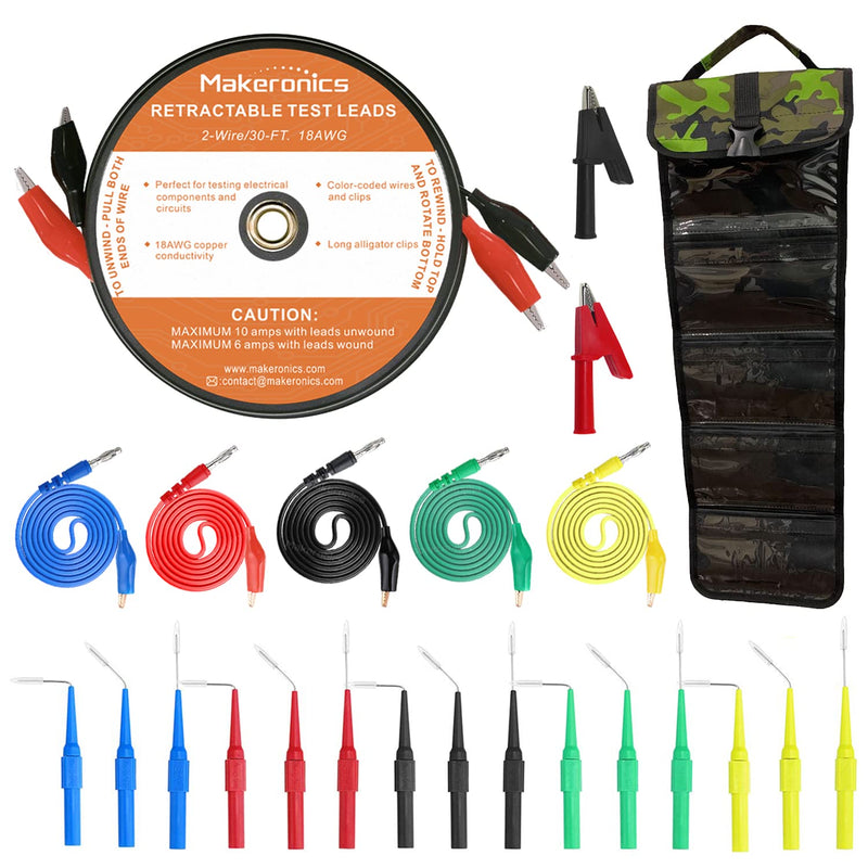 Makeronics 2 Wires 30FT 18AWG Retractable Test Leads with Roll-up Storage Pouch | 15 Pcs 30V Back Probes | 5 Pcs 4mm Banana Plug to Alligator Clip Circuit Test Wires (39.37") | 2 PCS Alligator Clips