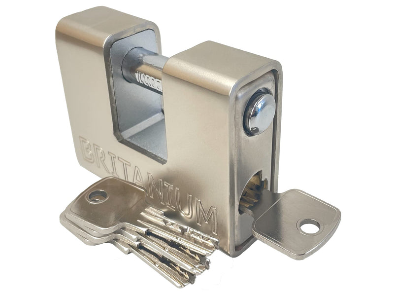 Britanium® BRP74 [Armoured] High Security Padlock - [Anti Drill Cylinder] - Heavy Duty Lock for Storage Unit with 0.67” Shackle Clearance, Motorbike, Shed & Garage Silver 74 mm 5 Keys