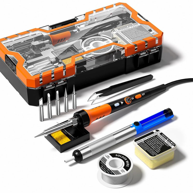 Soldering Iron Premium Kit, 60W Soldering Gun with Ceramic Heater, 12-in-1 Soldering Tool, Adjustable Temperature 200 to 450°C, Includes Soldering Iron Tip, Solder Wire, Pump and Paste ‎orange