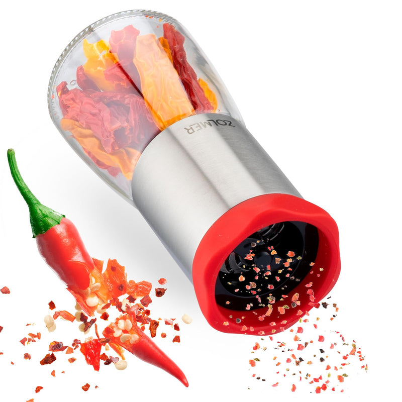 ZOLMER® Chili Pepper Grinder Stainless steel & glass | Hot pepper grinder cutting unit for coarse spices & chili with aroma protection lid