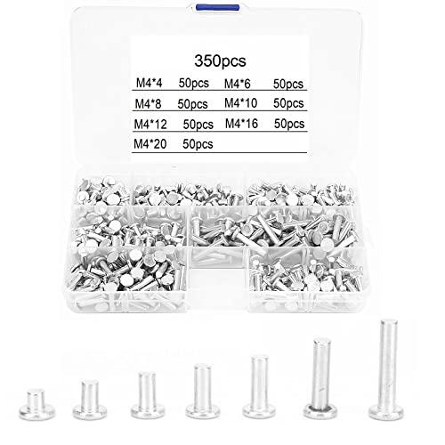 350pcs Solid Aluminum Rivets M4 Kit, Flat Head Boat Rivets Set, Length 4/6/8/10/12/16/20 mm Solid Metal Rivets Assortment Kit, with Plastic Box