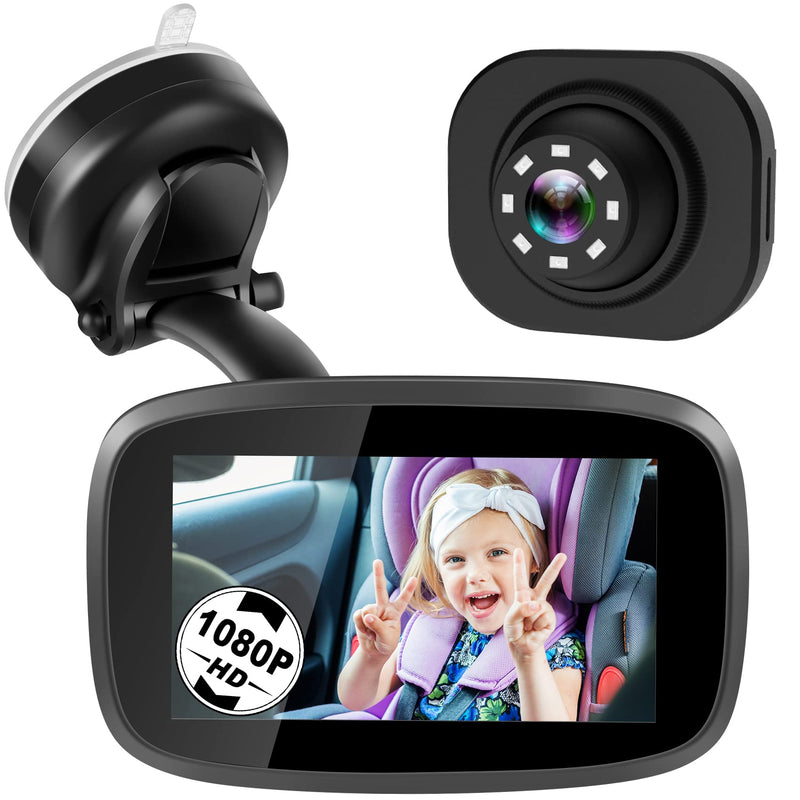 1080P Baby Car Mirror, Shybaby 4.3" Baby Car Camera Monitor with 170° Wide View, HD Night Vision Function and Reusable Sucker Bracket, Safety Rear Facing Cars Set Camera for Infants Kids Toddlers Black