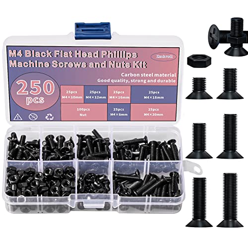 250 Pcs M4 Flat Head Machine Screws Black Phillips Screws Bolts Nuts Assortment Kit M4 x 6mm/10mm/12mm/16mm/18mm/20mm