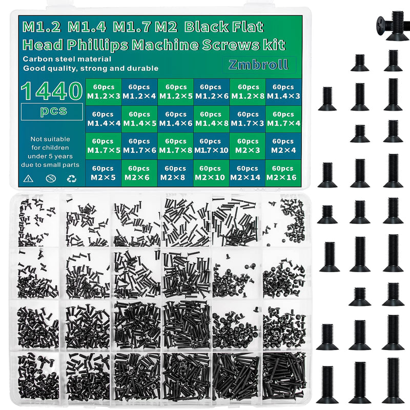 1440 Pcs Black Laptop Notebook Computer Screws M1.2 M1.4 M1.7 M2 Flat Head Phillips Machine Screws Countersunk ssd Screws Accessories Mini Machine Computer Screws Assortments Kits