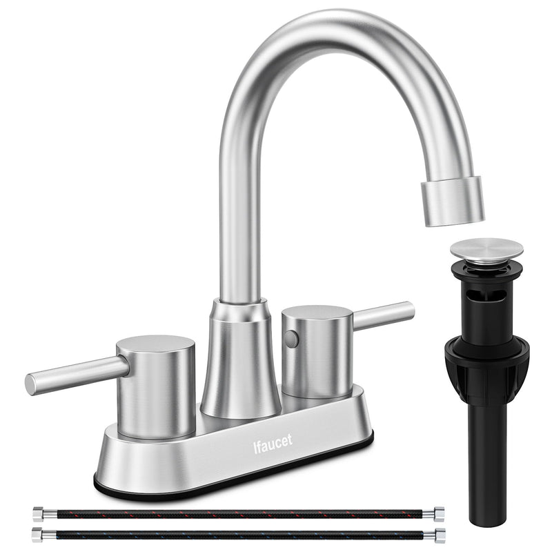 Bathroom Faucets, Bathroom Faucet 3 Hole, Bathroom Sink Faucet, Faucet for Sink 4 Inch 2 Handle Centerset, Lead-Free, with Copper Pop Up Drain (Brushed Nickel) Brushed Nickel Style A