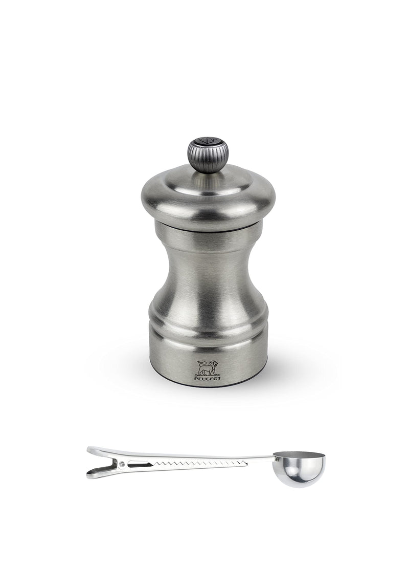 Peugeot Bistro Chef Manual Pepper Mill Gift Set Stainless Steel 10 cm - 4in - With Stainless Steel Spice Scoop/Bag Clip