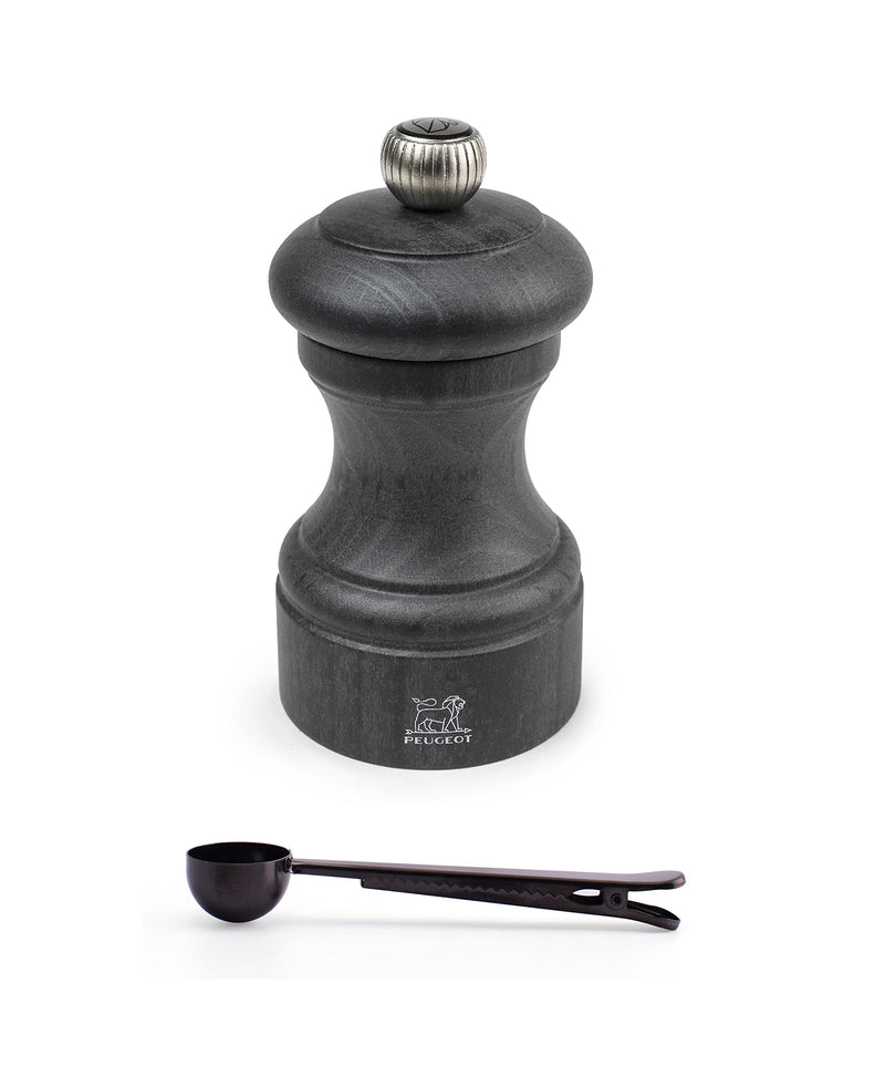 Peugeot - Bistro Manual Pepper Mill Gift Set - Classic Adjustable Grinder - Beechwood, With Stainless Steel Spice Scoop/Bag Clip