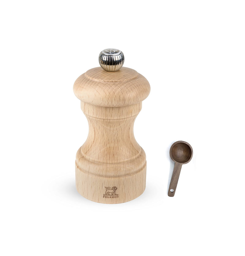 Peugeot Bistro Manual Salt Mill, Natural Wood 10 cm - 4in - With Wooden Spice Scoop