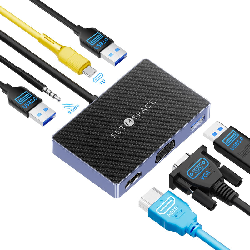 7 in 1 Docking Stations, 100W Charging for Laptop, 1 x USB 3.0, 2 x USB 2.0, Dual Display, HDMI for 4K@60Hz, VGA for 1080P@60Hz, 3.5mm Audio, for Dell/HP/Lenovo/Surface/Mac PD, HDMI, USB-A, 3.5mm Jack, VGA, 7 Ports Black