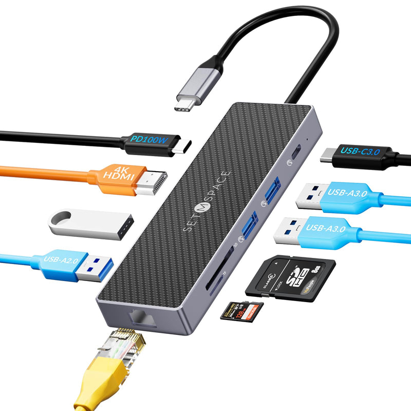 USB C Docking Station, Laptop Docking Station 10 in 1 with Ethernet 1000M, USB C Hub HDMI, PD 100W, TF/SD Reader, USB C 3.0, 4 USB A for MacBook Pro/Air, Surface, iPad, Cable Length: 7.87in PD, HDMI, USB-A, SD, TF, USB-C, RJ45 Black