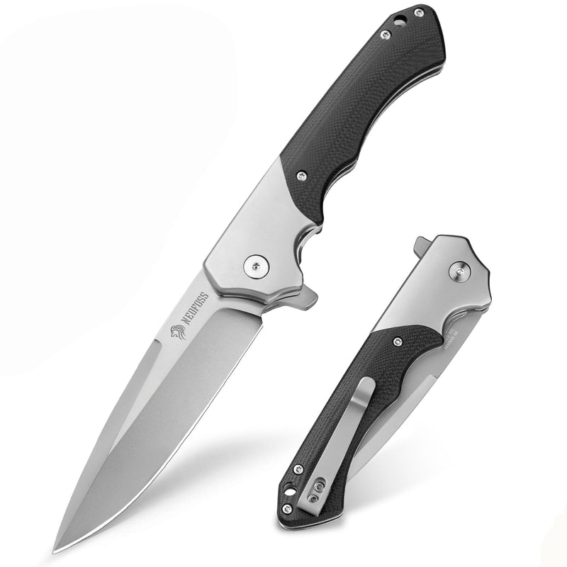 NedFoss Swan Pocket Knife for Men, 3.6" D2 Steel Hunting Knife, G10 Handle | 4.2oz, Liner Lock, Brass Bearing Pivot, Flipper, Large Folding Knife with Clip,Sharp Camping Survival Knives for Mens Gift Titanium