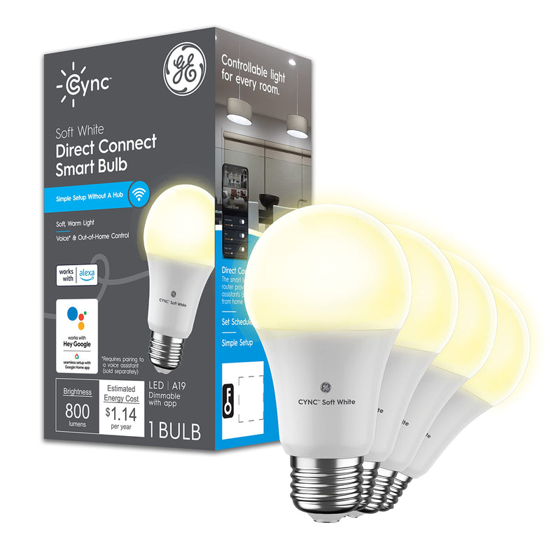 GE CYNC A19 Smart LED Light Bulbs, Soft White, Bluetooth and WiFi Light Bulbs, 60W Equivalent, Work with Amazon Alexa and Google Home (4 Pack) 4 Pack