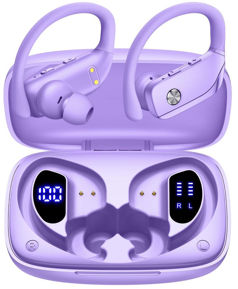 Wireless Earbuds Bluetooth Headphones Over Ear Hooks Ear Buds with 80H Playtime, LED Power Display, Dual Mic Clear Calls, Sports Wireless Ear Buds Bluetooth Earbuds for Running Gym Workout (Purple) Purple