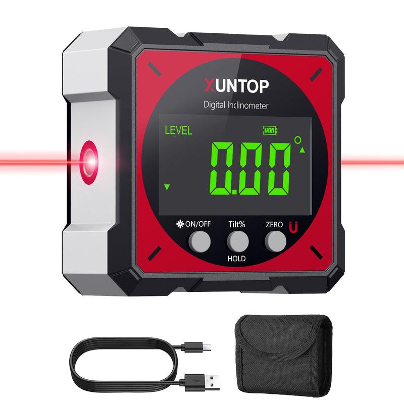 XUNTOP USB Charging Digital Angle Finder Level Box with Laser (Class 2, <1mW Output), 4-side Strong Magnetic Angle Gauge IP54 Waterproof Inclinometer Level for Hanging Decorations Woodworking Red Red-Dual Laser