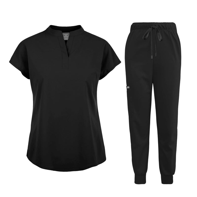 niaahinn Scrubs Set for Women Nurse Uniform Jogger Suit Stretch Top & Pants with Multi Pocket for Nurse Esthetician Workwear Medium Black