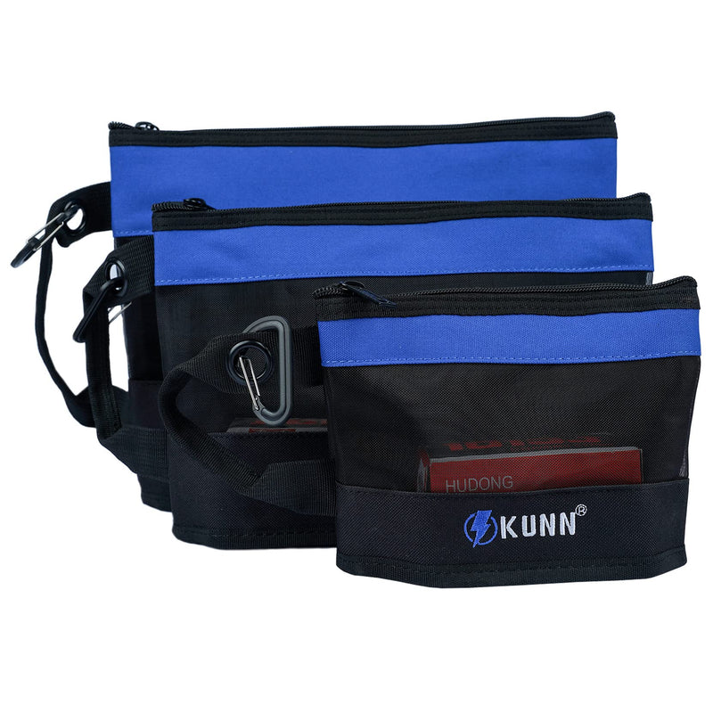 KUNN Tool Bag Zipper Pouch 3 Pack - Heavy Duty Utility Tool Storage Organizer with Carabiner for DIY,Electrician,Accessories and Travel Blue