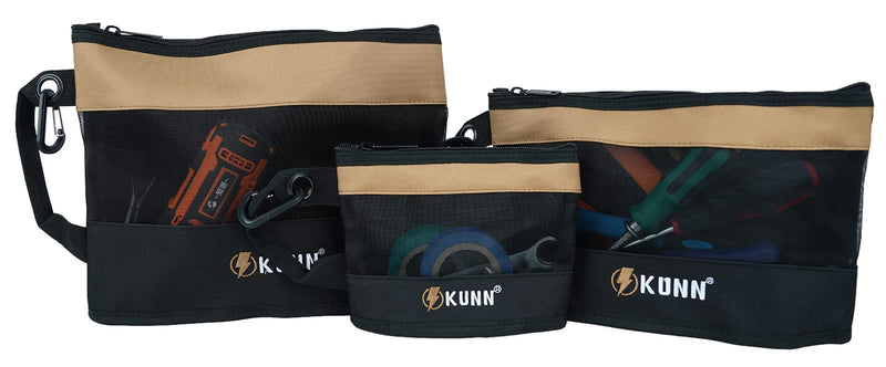 KUNN Tool Bag Zipper Pouch 3 Pack - Heavy Duty Utility Tool Storage Organizer with Carabiner for DIY,Electrician,Accessories and Travel Khaki
