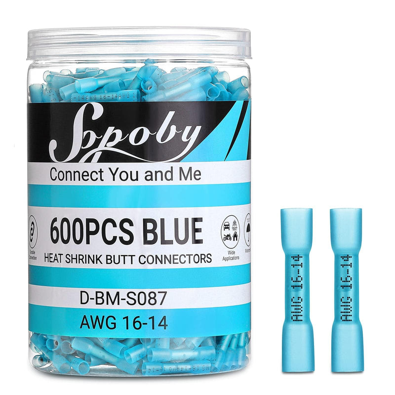 Sopoby 600PCS Heat Shrink Butt Connectors Blue 16-14 AWG-Tinned Red Copper Marine Grade Butt Connectors - Wire Splice Connectors- Waterproof Electrical Connectors for Marine,Boat,Stereo 600PCS BLUE
