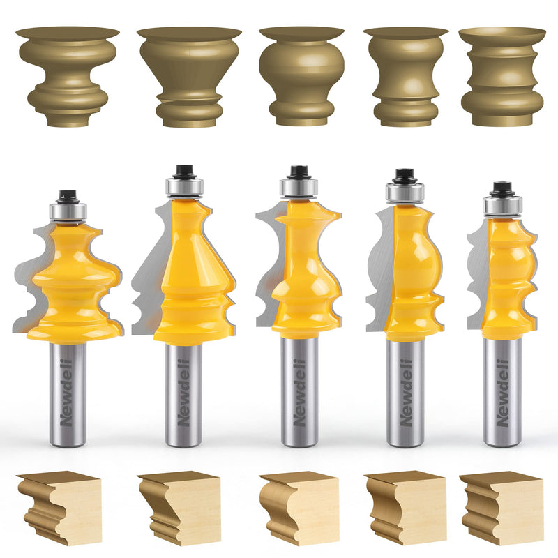 Newdeli Architectural Molding Router Bit Set 5 PCS 1/2-Inch Shank, Corner Rounding Edge-Forming Roundover Beading Router Bit Set, Woodworking Milling Cutter Tools, Carbide Cutter CNC Router 5Pcs Architectural Molding Router Bit Set
