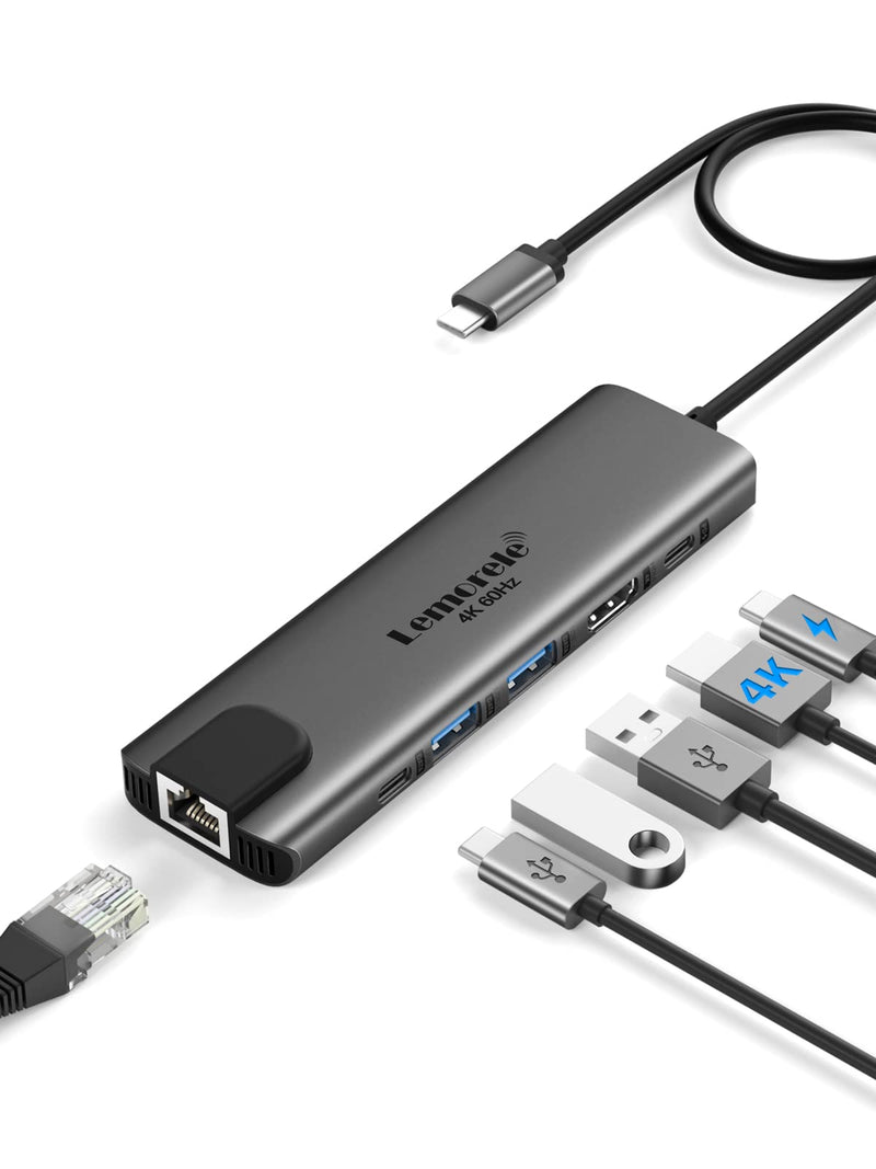 Lemorele USB-C Hub 6-in-1 with 4K@60Hz HDMI, Gigabit Ethernet,100W Power Delivery, USB-C and 2 USB-A 5 Gbps Data Ports for MacBook Air/Pro, Dell, Hp, XPS, and More Grey- 6 in 1