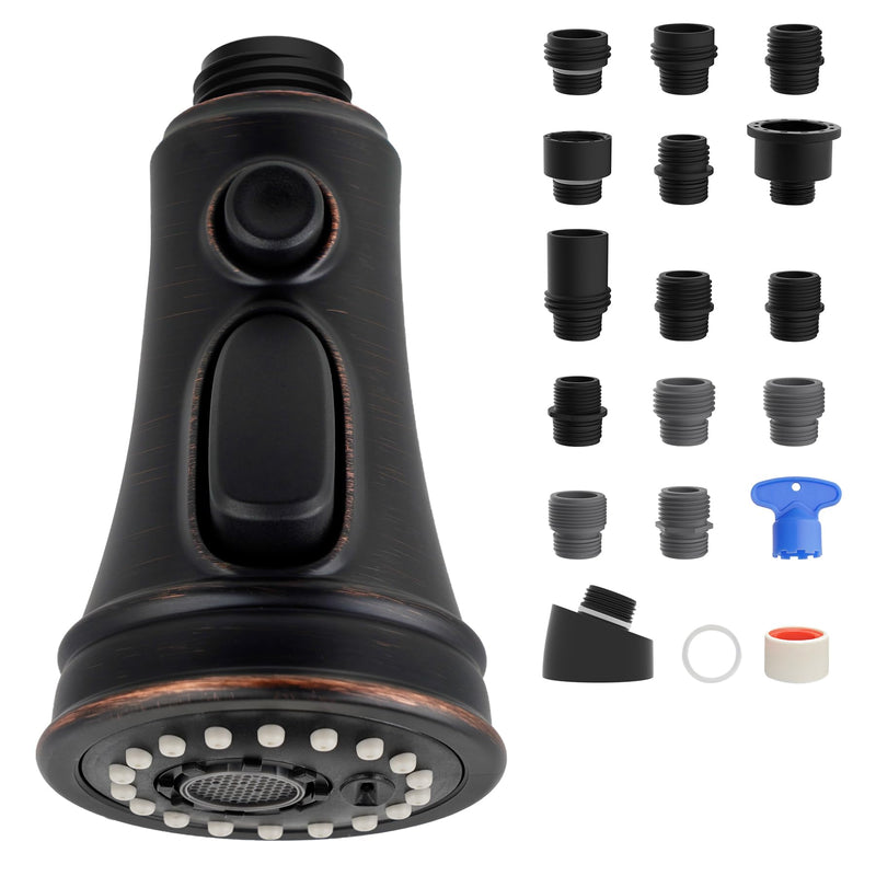 Hibbent Kitchen Faucet Head Replacement, NSF/ANSI/CAN 61 & CUPC Certified, 3 Function Pull Down Faucet Sprayer Nozzle - 15 Adapters Compatible with Moen, Delta, Kohler, Oil-Rubbed Bronze Stay on spray with hold button(common) Oil Rubbed Bronze
