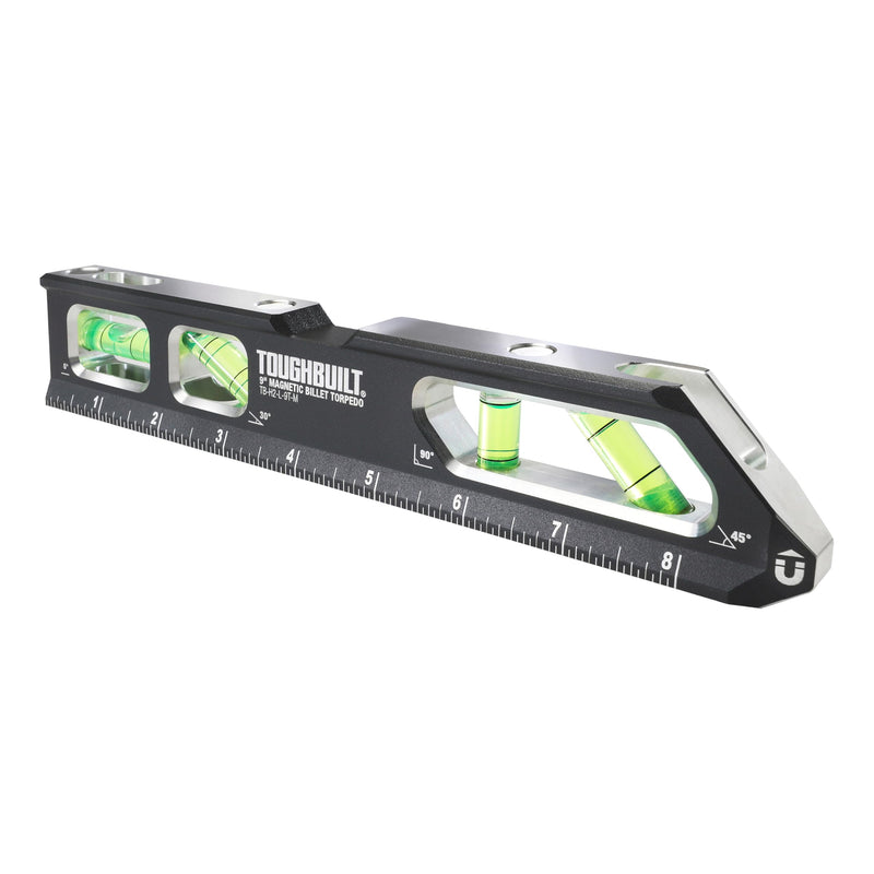 ToughBuilt – 9" Magnetic Billet Torpedo Level, Precision Machined Aluminum Level with Rare Earth Magnets, V-Groove Base, Laser-Etched Markings, Shockproof End Caps Professional Accuracy (TB-H2-L-9T-M)