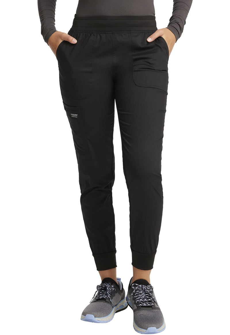 Cherokee Women's Scrub Jogger Pants Modern Classic Fit Mid Rise Bottom with 5 Pockets, Elastic Knit Waistband - WW115 Large Black